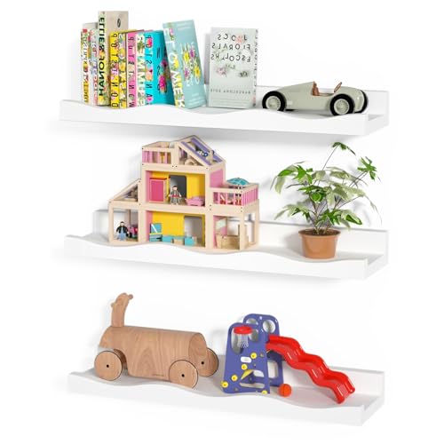 AZSKY Floating Bookshelf for Kids, Picture Ledge Shelf for Wall Decor and Storage 16 Inches Nursery Book Shelves Set 3, Baby Book Shelf for Kids Room Decor(White)