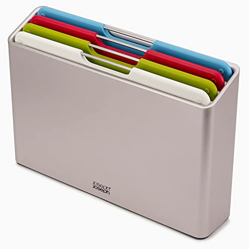 Joseph Joseph 60187 Folio Plastic Cutting Board Set with Storage Case Color-Coded Easy-Access Design Dishwasher Safer Non-Slip, Small, Silver