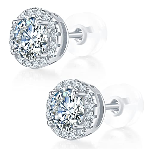 Moissanite Earrings for Women Men 18K White Gold Plated Round Cut Lab Created Diamond Halo Stud Earrings