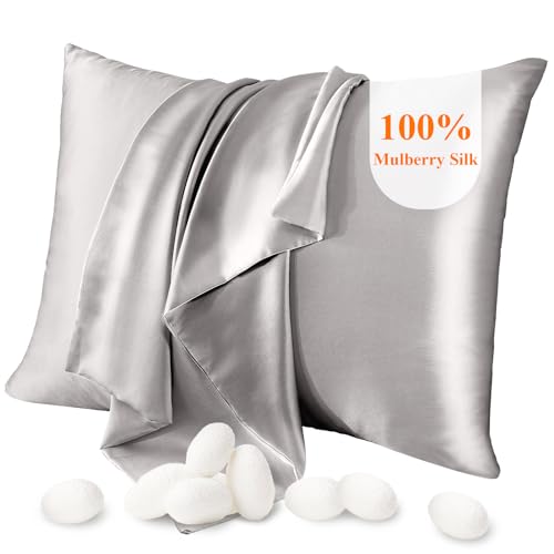 100% Mulberry Silk Pillow Cases Silk pillowcase for Hair and Skin Both Side Real Silk Pillowcases Hidden Zipper 21 Momme Silk Pillow Covers(Grey, Standard：20'x26',1pcs