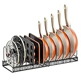 AJSWISH Pots and Pans Organizer Rack for Under Cabinet, Expandable Pot Lid Organizer Holder with 10 Adjustable Dividers and Anti-scratch Strips for Cutting Board, Cast-iron Pan and Cookware, Black