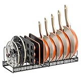 AJSWISH Pots and Pans Organizer Rack for Under Cabinet, Expandable Pot Lid Organizer Holder with 10 Adjustable Dividers and Anti-scratch Strips for Cutting Board, Cast-iron Pan and Cookware, Black