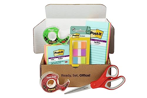 Scotch and Post-it Brand Office Essentials Kit, Business and Teacher Supplies Set with Post-it Super Sticky Notes, Scotch Super Hold Tape, Scotch Magic Tape, Post-it Flags, Sharp Scissors for Office