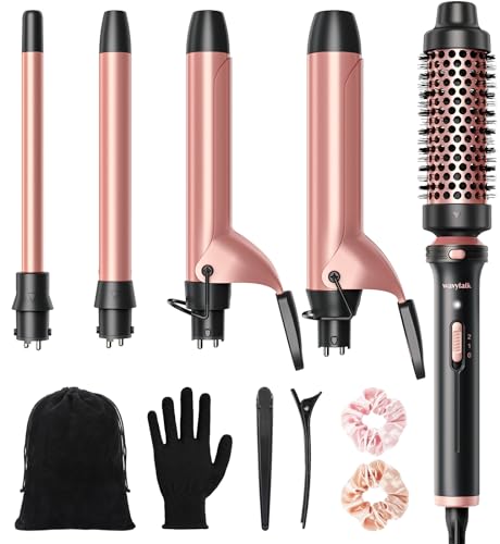 Wavytalk 5 in 1 Curling Iron,Curling Iron Set with Heated Round Brush and 4 Interchangeable Ceramic Curling Wand(0.5”-1.25'), Instant Heat Up,Dual Voltage Hair Curler