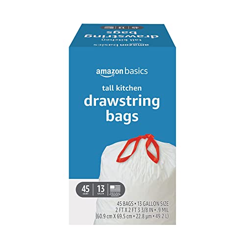 Amazon Basics Tall Kitchen Drawstring Trash Bags, 13 Gallon, 45 Count, Pack of 1