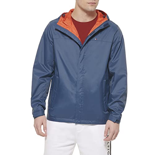 Tommy Hilfiger mens Lightweight Breathable Waterproof Hooded Jacket Raincoat, Mountain Blue, X-Small US