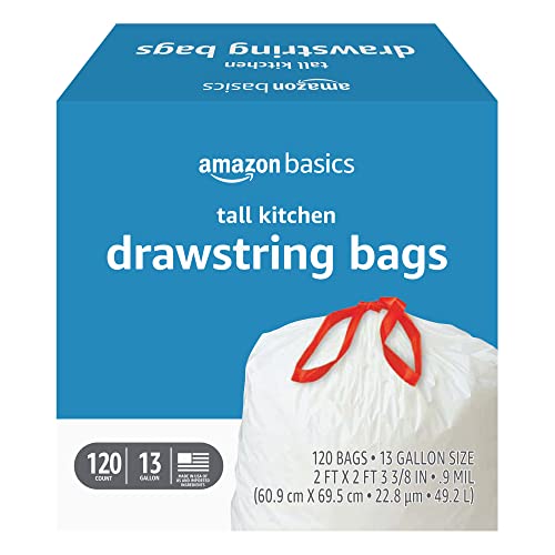 Amazon Basics Tall Kitchen Drawstring Trash Bags, 13 Gallon, 120 Count, Pack of 1