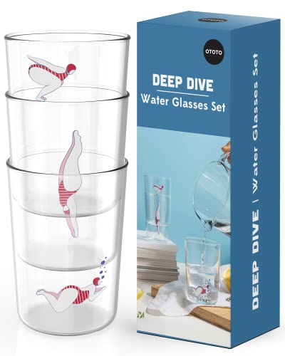 OTOTO Deep Dive Glassware Sets - Stackable Water Glasses Set - Glass Drinking Glasses - Cool Gifts for Swimmers, Fun Kitchen Gifts, Cute Kitchen Accessories 3pcs