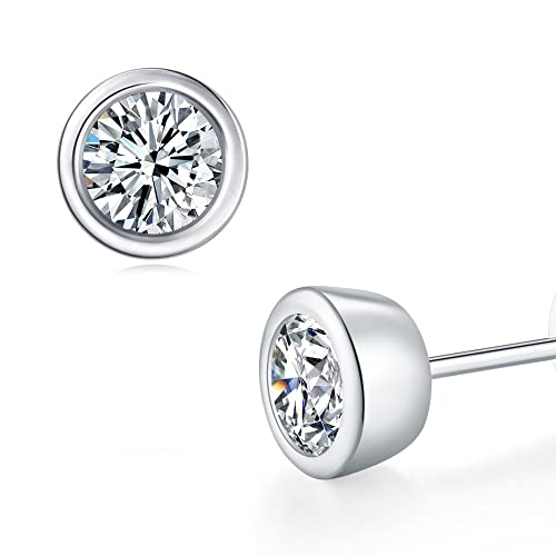 Moissanite Diamond Earrings for Women 18K White Gold Plated 925 Sterling Silver Bezel Set Round Studs Topfook Jewelry.