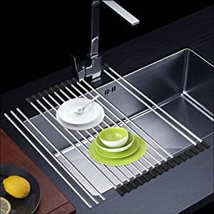 RENOBICA Roll Up Dish Drying Rack 21' x 16' - Over The Sink for Kitchen Counter, Foldable SUS304 Stainless Steel Dish Drying Rack for Cups, Utensils, Fruits, Vegetables