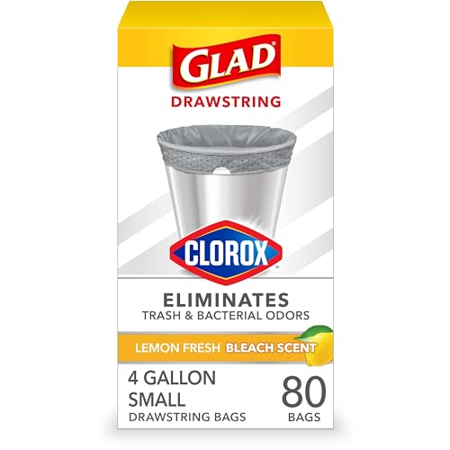 Glad Trash Bags, Small Drawstring Garbage Bags with Clorox, 4 Gallon Grey Trash Bags, Lemon Fresh Bleach Scent, 80 Count (Package May Vary) (79315)