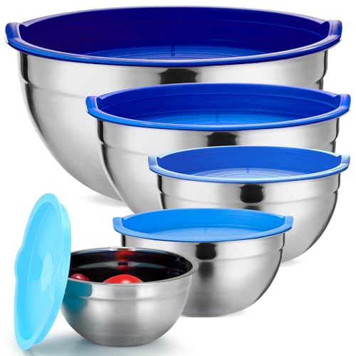 Strelitsia 5-Piece Stainless Steel Mixing Bowls with Airtight Lids, Nesting Bowls Set (5, 4, 3.5, 2, 1.5 QT), Space-Saving, Ideal for Cooking, Baking, and Food Prep - Blue