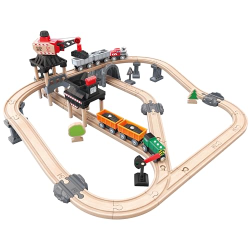 Hape Crane and Cargo Train Set | Wooden Railway Toy Set with Magnetic Crane, Button Operated Loader and Adjustable Rail Signal Multicolor, 19.69' Large x 19.69' W x 15.16' H ,count of 64