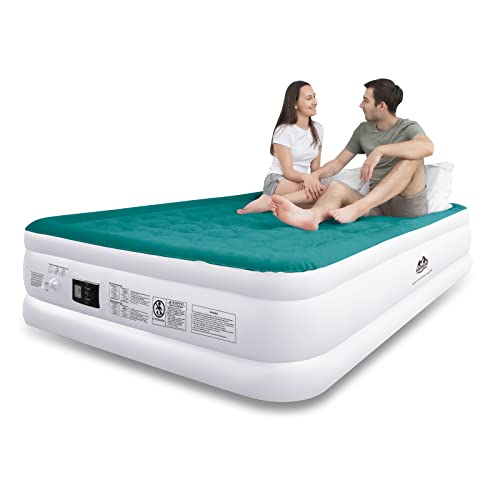 YOMIFUN Queen Air Mattress with Built in Pump, Raised 18' Inflatable Mattress, 6P Free PVC for Health, Self Inflating Under 3 mins, Foldable &Portable Blow up Air Bed for Guest, Camping, Turquoise