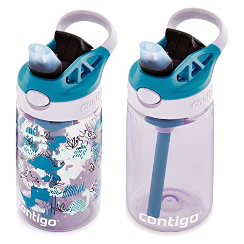 Contigo Kids Straw Water Bottle with AUTOSPOUT Lid, 14oz., 2 Pack, Eggplant & Dinos