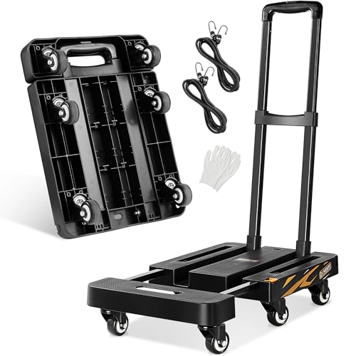 Heavy Duty Folding Hand Truck Dolly Cart, 440LB Portable Luggage Dolly Collapsible Cart, Foldable Platform Cart with 6 Wheels, 2 Elastic Ropes for Luggage, Travel, Moving, Shopping, Office, Black