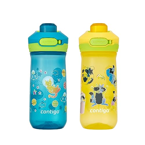 Contigo 14oz Leak-Proof Kids Water Bottle, Dishwasher-Safe, Pack of 2 in Fun Juniper/Spacecraft & Pineapple/Trash Pandas Design - Ideal for Travel & Outdoor Activities