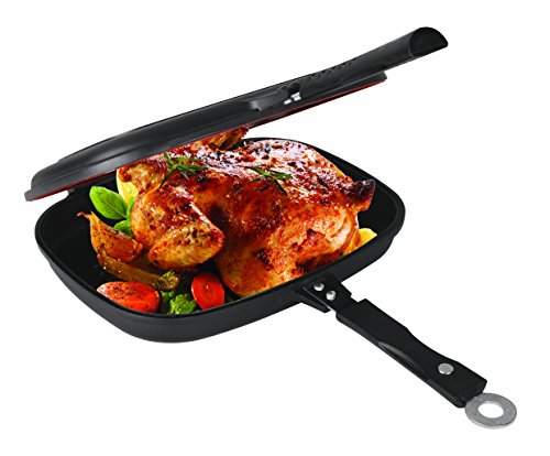 UNIWARE® Super Quality Non-Stick Coating Double Grill Pan, Rectangular, Magnetic Bakelite Handle, 12.6 x 9.6 x 2.6 Inch