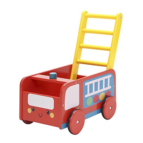 labebe -Wooden Walker 4 Wheels, Kids Push Wagon Cart Red, Push Toy Walker for Girl/Boy 1-3 Years Old, Toy Shopping Cart, Wooden Wagon Toy, Baby Activity/Learning Walker Infant- Red Fire Truck