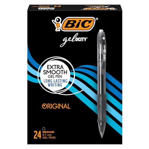 BIC Gelocity Original Black Gel Pens, Medium Point (0.7mm), 24-Count Pack, Retractable Gel Pens With Comfortable Grip