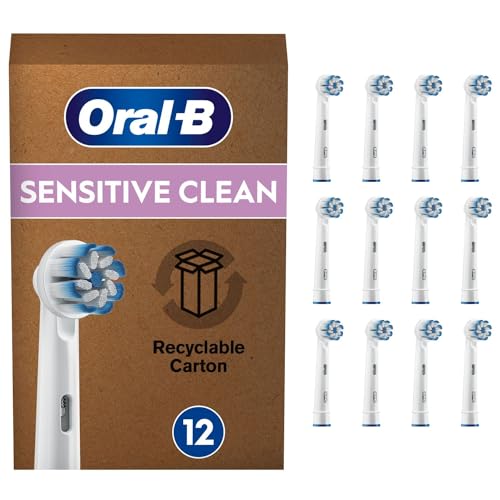 Oral-B Sensitive Clean Electric Toothbrush Head with Clean & Care Technology, Extra Soft Bristles for Gentle Plaque Removal, Pack of 12 Toothbrush Heads, Suitable for Mailbox, White