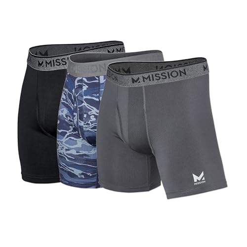 MISSION 6' Performance Mesh Boxer Briefs, Medium - 3 Pack, Black, Matrix Camo, Gray - Anti-Roll Waistband - Soft, Moisture-Wicking Fabric