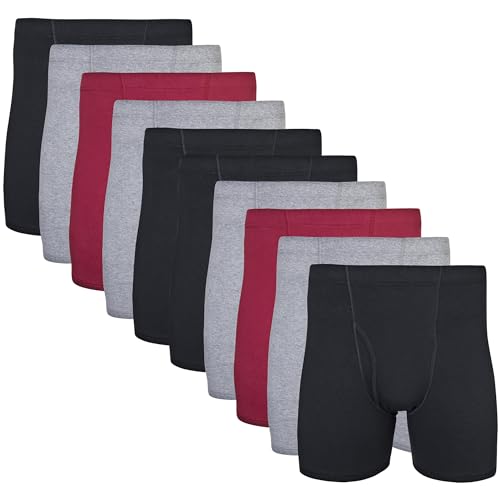 Gildan Men's Underwear Covered Waistband Boxer Briefs, Multipack, Black/Garnet/Graphite (10-Pack), Large