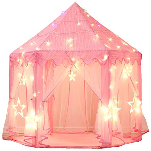 Senodeer Princess Tent for Girls Play Castle Fairy Tents for Kids Large Hexagon Play House with Little Star Lights Toys for Children or Toddlers Indoor or Outdoor Games