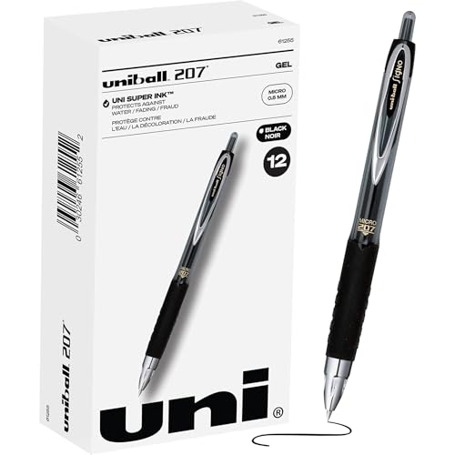 uni-ball® 207™ Retractable Fraud Prevention Gel Pens, Micro Point, 0.5 mm, Black Barrels, Black Ink, Pack Of 12