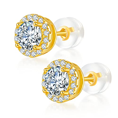 7ZHUS Halo Moissanite Stud Earrings for Woemen,1 Carat D Color VVS1 Diamond Earrings 18K Yellow Gold Plated Silver Earring Jewelry for men Gifts