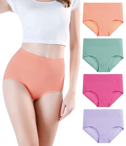 wirarpa Women's 4 Pack Cotton Underwear High Waisted Briefs Ladies Panties Underpants Green Orange Red Purple Small