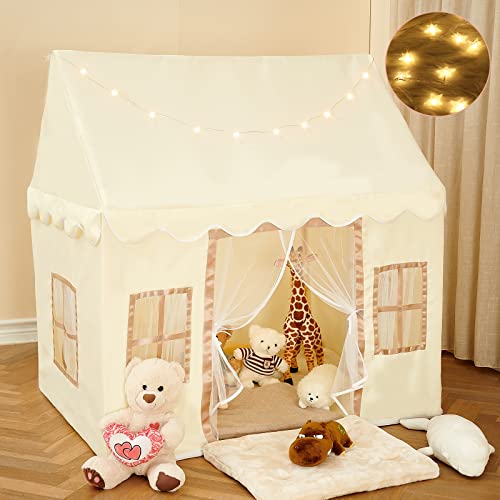 BRINJOY Kids Play Tent, Large Indoor Playhouse w/Star Lights & Windows & Wood Frame, Boys & Girls Play Tent for Toddlers Outdoor Children Princess Tents Castle Toys Birthday Gift