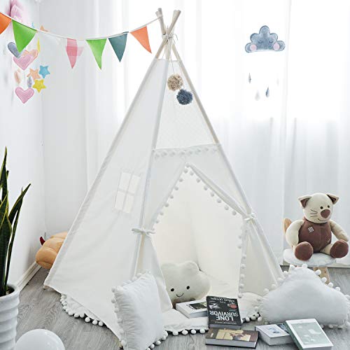 xiaowantong Teepee Tent for Kids with Pom Pom - Foldable Play Tent with Carry Bag for Indoor Outdoor, White Pompom Lace Cotton Canvas Playhouse Tipi for Girls Boys