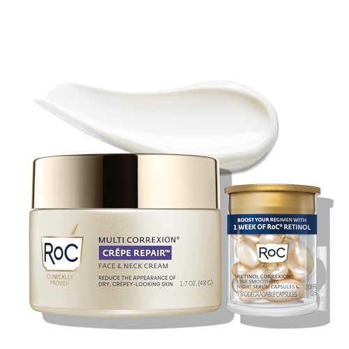 RoC Crepe Repair Anti Aging Daily Face Moisturizer & Neck Firming Cream (1.7 oz) + RoC Retinol Wrinkle Smoothing Capsules (7 CT), Skin Care Routine for Women and Men