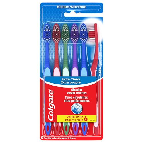 Colgate Extra Clean Toothbrush, Medium Bulk Toothbrush Pack, Adult Medium Bristle Toothbrushes with Ergonomic Handle and Circular Cleaning Bristles, Helps Remove Surface Stains, 6 Pack