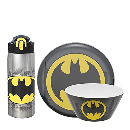 Zak Designs DC Comics Dinnerware 3 Piece Set Includes Plate, Bowl, and Water Bottle, Non-BPA, Made of Durable Material and Perfect for Fans (18/8 Stainless Steel, Batman)