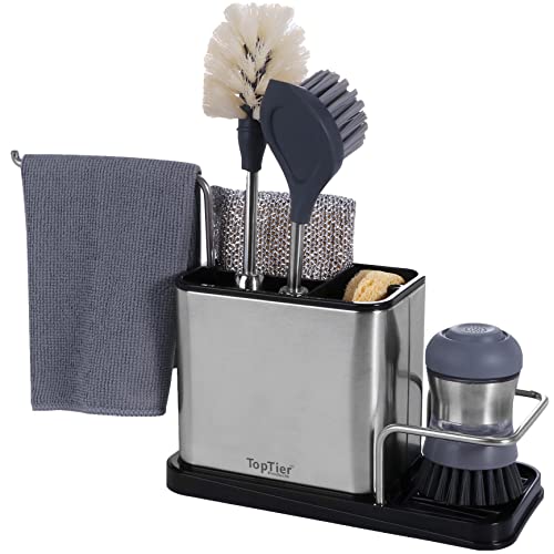 Top Tier Stainless Steel Sink Caddy, Kitchen Sink Organizer, Sponge Brush and Soap Holder, Drains Water