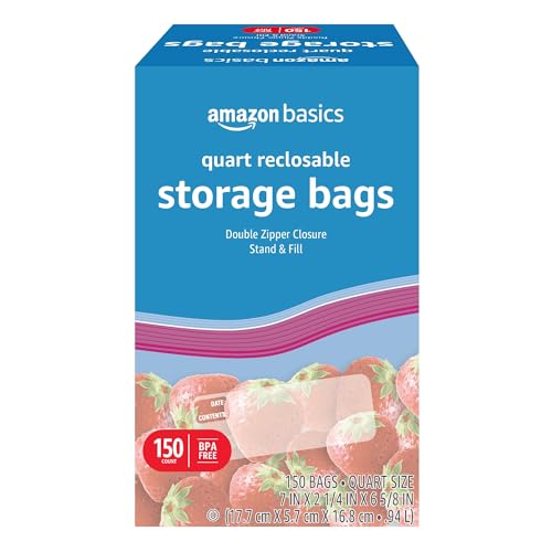 Amazon Basics Quart Food Storage Bags, Stand & Fill, 150 Count