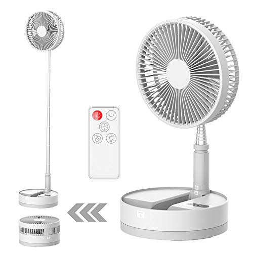 UN UNITEDTIME Foldable Fan Foldaway Oscillating with Remote Control, 10800mAh Rechargeable Battery Operated Portable for Camping, 4 Speed, Timer, Height Adjustment for Travel, Outdoor (White)