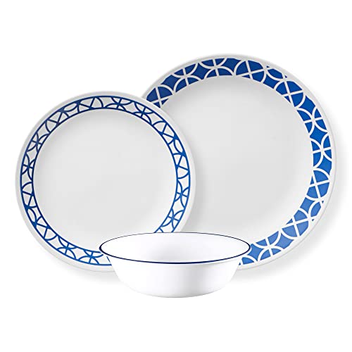 Corelle Vitrelle 12-Piece Glass Dinnerware Set Service for 4, 10.25' Dinner Plates, 8.5' Salad Plates, 18-Oz Soup Cereal Bowls, Cobalt Circles