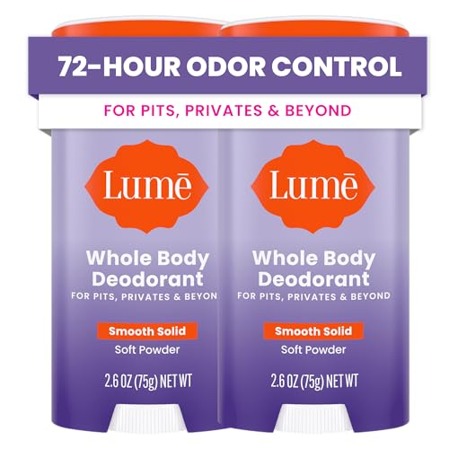 Lume Whole Body Deodorant - Smooth Solid Stick - 72 Hour Odor Control - Aluminum Free, Baking Soda Free and Skin Safe - 2.6 Ounce (Pack of 2) (Soft Powder)