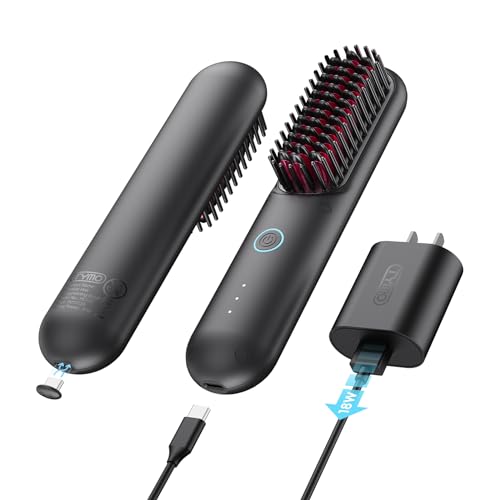 TYMO Porta Cordless Hair Straightener Brush, Portable Mini Straightening Brush for Travel, Negative Ion Hot Comb Hair Straightener for Women, Lightweight to Carry Out, USB Rechargeable, Black