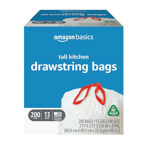 Amazon Basics - Tall Kitchen Trash Bags, 13 Gallon,10% Post Consumer Recycled Content, Unscented, 200 Count, Pack of 1