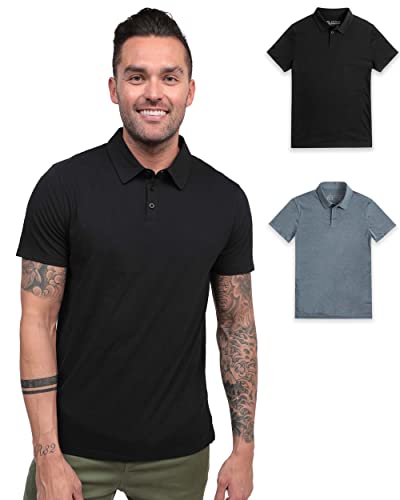 INTO THE AM Essential Polo Shirts for Men 2 Pack - Collared Shirt Men Fitted Short Sleeve Classic Golf Collar Shirts Multipack (Black/Indigo, Medium)