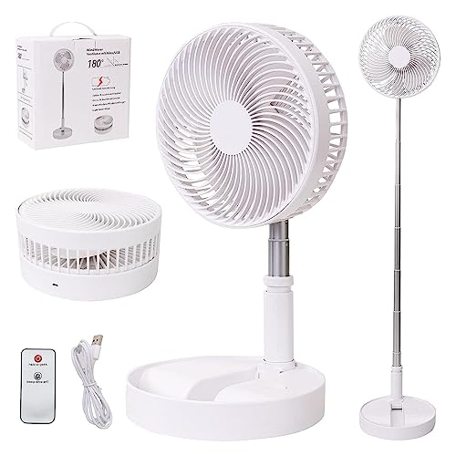 LOREAD Portable Desk Fan,Foldable Fan Pedestal Stand Floor Fan with Remote Controller Adjustable Height from 14.2'' to 39'', 4 Speeds, 7200mAh Rechargeable Telescopic USB Charging