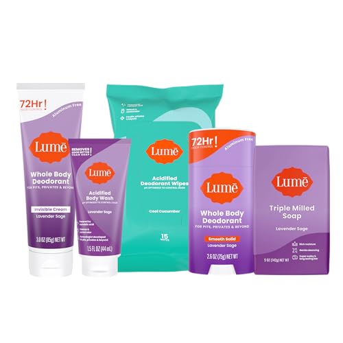 Lume Whole Body Deodorant Starter Pack - Smooth Solid Stick, Invisible Cream Tube, Acidified Body Wash Mini & Deodorant Wipes - Aluminum & Baking Soda Free Odor Control, Skin Loving (Lavender Sage)