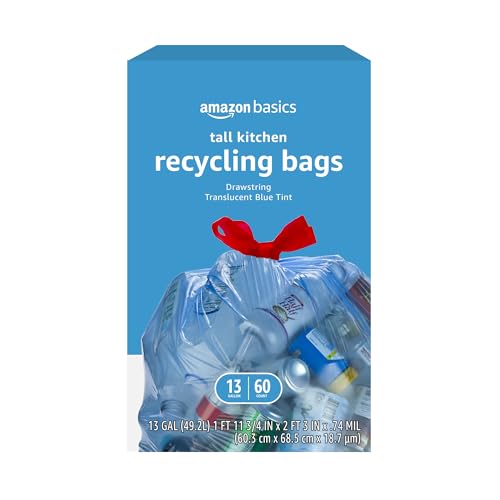 Amazon Basics Blue Recycling Trash Bags, Unscented, 13 Gallon, 60 count, Pack of 1