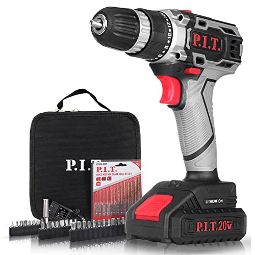 P.I.T. Cordless Drill, 20V Electric Power Drill Set with 1 Li-ion Battery & Charger, 3/8”Keyless Chuck, 2 Variable Speed, 30N.m Torque, 20+1 Position and 42pcs Drill/Driver Bits