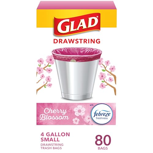 Glad Trash Bags, OdorShield Small Drawstring Garbage Bags, 4 Gallon Trash Bag, Febreze Cherry Blossom, 80 Count (Package May Vary)