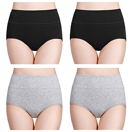 wirarpa Women's Cotton Underwear High Waisted Ladies Panties Full Coverage Postpartum Briefs 4 Pack Black Grey Small